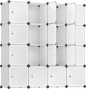 Cube Storage Organizer, Set of 9 Plastic Cubes, Closet Storage Shelves, DIY Plastic Closet Cabinet, Modular Bookcase, Shelving with Doors for Bedroom, Living Room, White