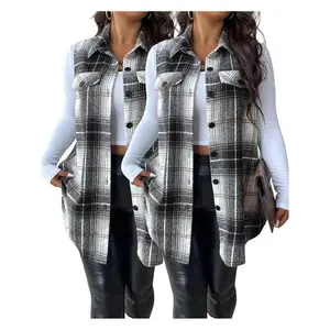 Plus Size Women's Plaid Casual Vest Jacket (fake Pockets), Button Front, Fitted Sleeveless Design, Fall & Winter Fashion