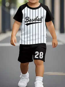 Boys Summer Casual Outdoor Sports Short Sleeve Cut Shirt Set, Trendy Fashion Digital Print Design, Mesh Comfortable T-Shirt + Shorts Set, Striped Sets, Youth Kits, Clothing