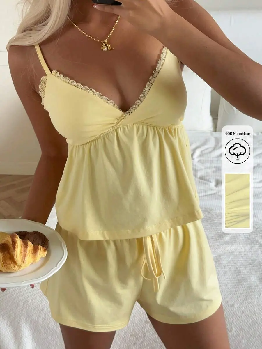 AROMATH Women's Pastel Yellow Summer Cute Home Wear Set,Solid Color Lace-Trimmed Camisole Top And Shorts,Comfortable Sleepwear Two-Piece Set Lounge