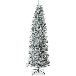 Best Choice Products Flocked Pencil Christmas Tree, Unlit Slim Artificial Holiday Decoration, 7.5ft Skinny Snowy Appearance w/Base