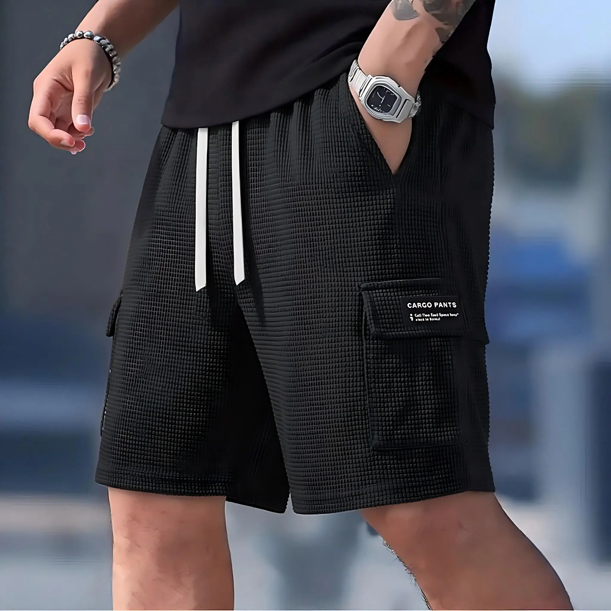 Men's Waffle Fabric Oversized Cargo Joggers - Lightweight Travel, Multi-Pocket Deep Pocket Utility Pants, Breathable Loose Fit, Casual Streetwear for Hiking/Light Outdoor & Everyday Use, Lightweight Travel Men's Pants