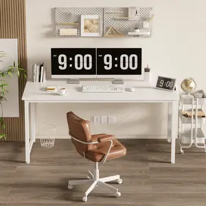 Lufeiya White Computer Desk with Power Outlet, 55 inch Teen Study Table Home Office Work Writing Gaming Desks with Charging Station Outlets Built in, White, Get Free Gift