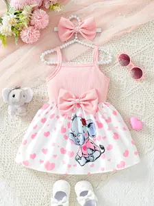 Baby girl summer cute style elephant and heart pattern suspender design+large bow decoration short sleeved dress daily/birthday baby clothes