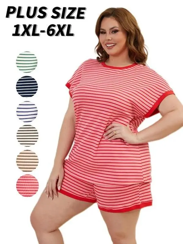 PLUS SIZE Women's Plus Size Cotton 2-Piece Pyjamas Set,Sleep Pajamas Shorts & Top,Relaxed Fit Loungewear, Nightly Set for Women