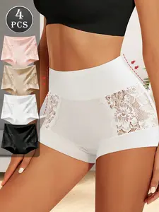 4PCS women’s high-waisted lace panel boyshort panties set, soft stretchy breathable full coverage underwear, comfortable anti-chafing safety shorts for daily wear, work, travel, sleep, and lounge