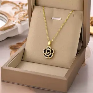 Elegant Gold-Plated Rose Pendant Necklace with Cubic Zirconia Accents for Women's Fashion Jewelry