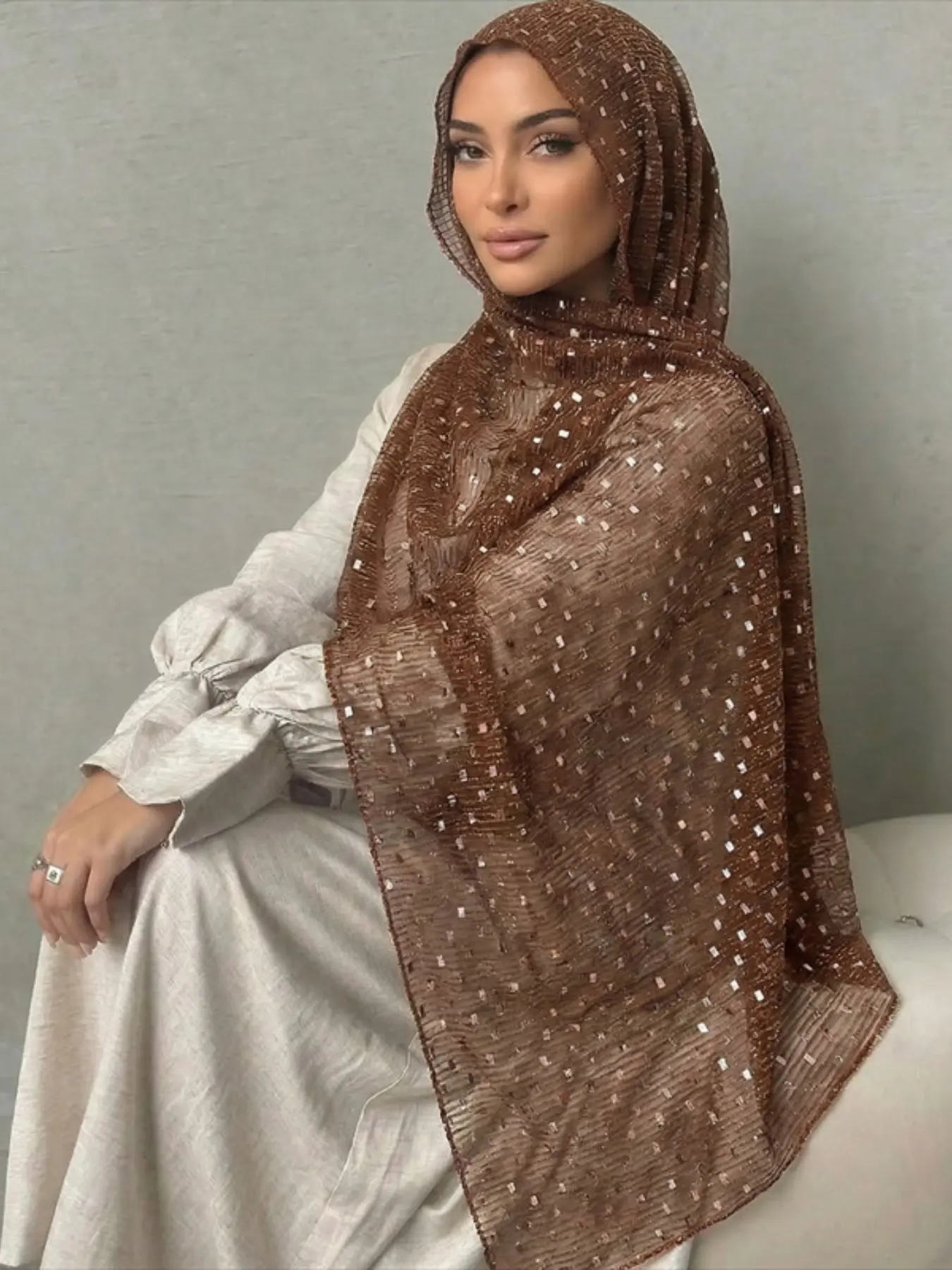 Casual Retro Polyester Sequin Solid Color Shawl Scarf, 70x170cm Women's Summer Sun Protection Windproof Hijab Head Scarf, Essential Fashion Accessory