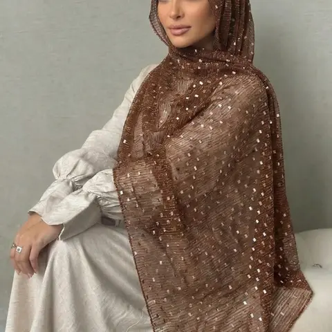 Casual Retro Polyester Sequin Solid Color Shawl Scarf, 70x170cm Women's Summer Sun Protection Windproof Hijab Head Scarf for Muslim, Muslim Headscarf Cover, Essential Fashion Accessory