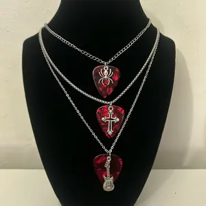 Red Guitar Pick Necklace W/Cross/Spider/Guitar
