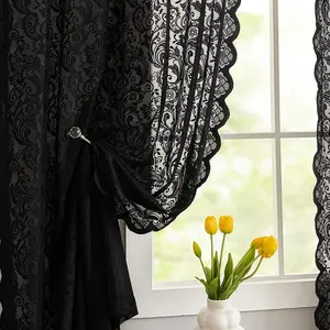 Black Lace Curtains 63 Inch Length Victorian Vintage Floral Sheer Panels for Halloween Luxury Gothic Curtains for Bedroom Witchy/Goth/Moody Room, 52 x 63 Inch, Black