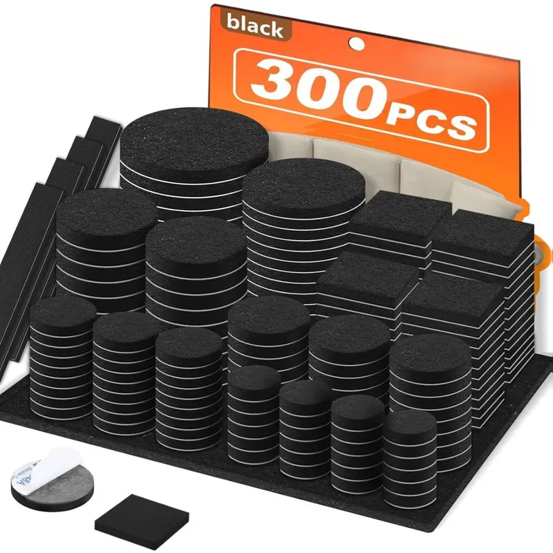 Felt Furniture Pads 300 Pieces Black 136 Sizes for Hardwood Floors Strong Adhesive Backing Protects Laminate Tiled Surfaces Easy Installation