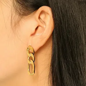 18K Gold Plated Curb Chain Drop Stud Earrings, Thick Link Dangle Earrings Waterproof Anti-tarnish Gold Ear Jewelry, Trendy Minimal Luxury Ear Accessories for Women Daily Party Date Night Outfit