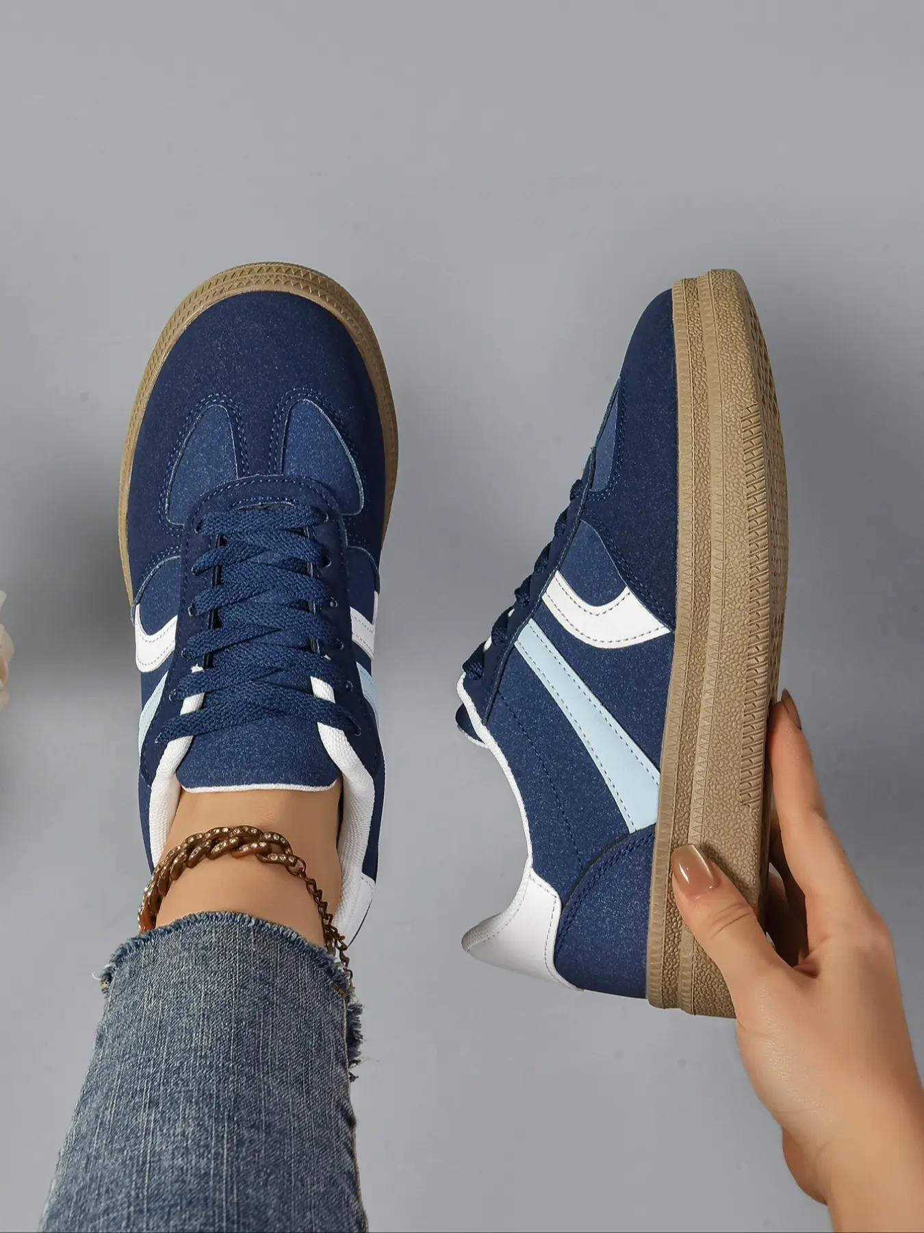 Women's Blue & White Block Lace-Up Sneakers, Trendy Walking Sneakers, Platform-Heel Casual Walking Shoes, Comfortable Breathable Sneakers, Lifestyle Colorblock Sneakers, Street Style Shoes, Casual Footwear Sneakers, Fashion Casual Sneakers