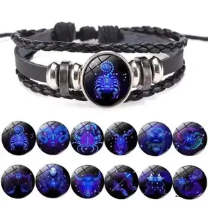 Zodiac Energy Adjustable Cuff Bracelet - Handmade 12 Signs Constellation Charms Bracelet, Multi-Layer Black Leather Wrap Sports Wristband, Punk Style Braid for Men, Christmas & Birthday Gift Box Idea