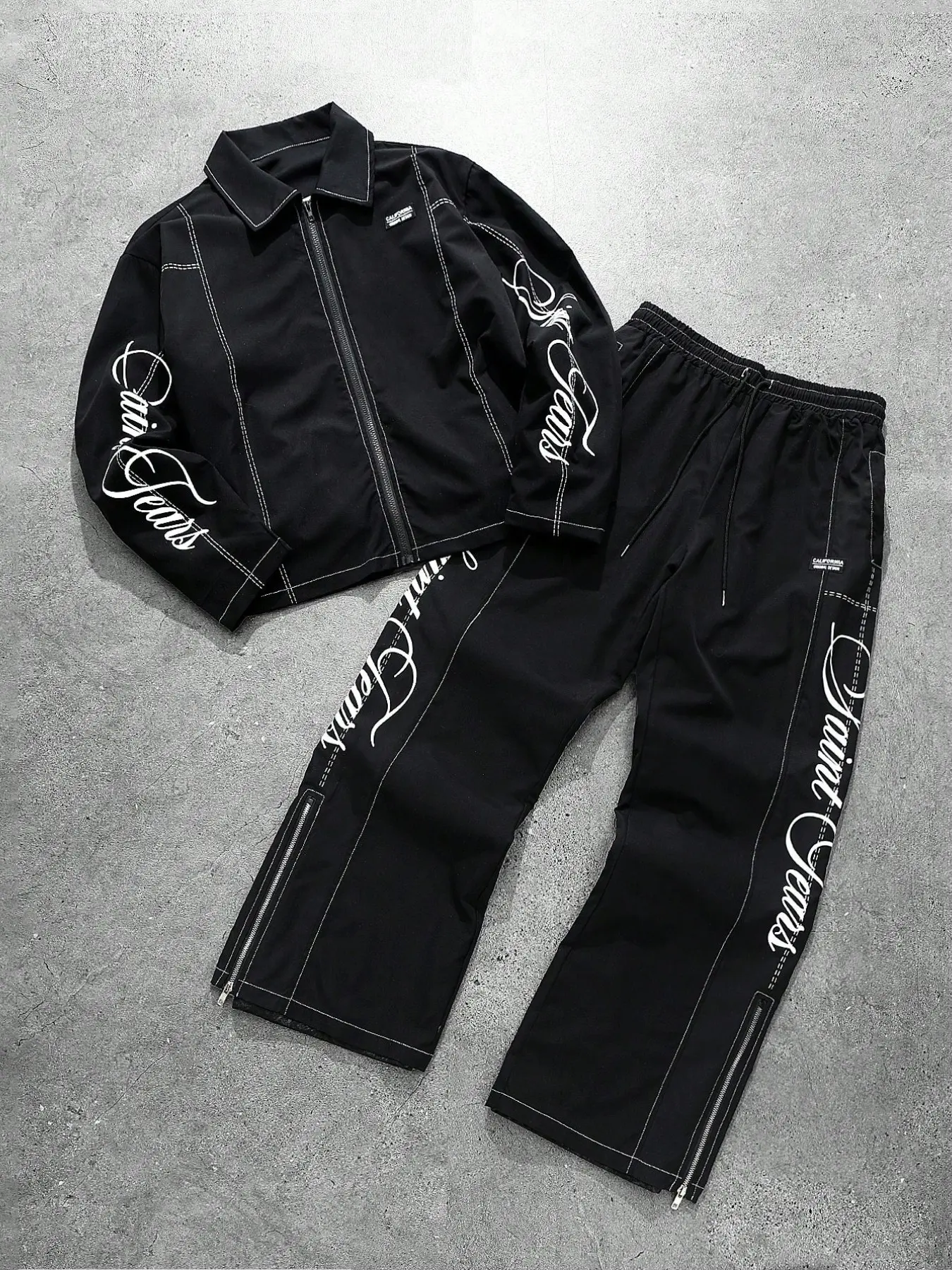 Men's Fashion Set, Zipper Neck Long Sleeve Shirt, Elastic Waist Pants with Split Hem, Casual Luxury Sport Style, All Seasons