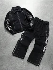 Men's Fashion Outfit, Menswear, Zipper Neck Long Sleeve Shirt, Elastic Waist Pants with Split Hem, Casual Luxury Sport Style, All Seasons Set