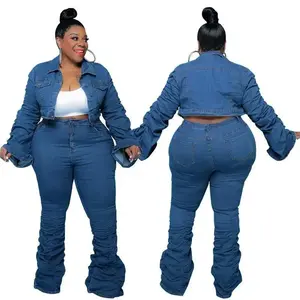Plus Size Women's Clothing  Autumn Winter Denim Two-Piece Set with Gathered Ruffle Pants No.34