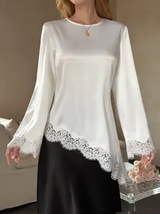Women Muslim Long Sleeve Blouse Elegant Lace Patchwork Tunic Top Modest Loose Fit Islamic Shirt Dubai Kaftan Style Round Neck Flare Sleeve Top Ramadan Eid Prayer Clothing Casual Modest Fashion Blouse White Elegant Top