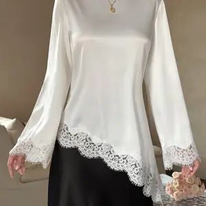 Women Muslim Long Sleeve Blouse Tunic Blouses Elegant Lace Patchwork Tunic Top Modest Loose Fit Islamic Shirt Dubai Kaftan Style Round Neck Flare Sleeve Top Ramadan Eid Prayer Clothing Casual Modest Fashion Blouse Tops White Elegant Top