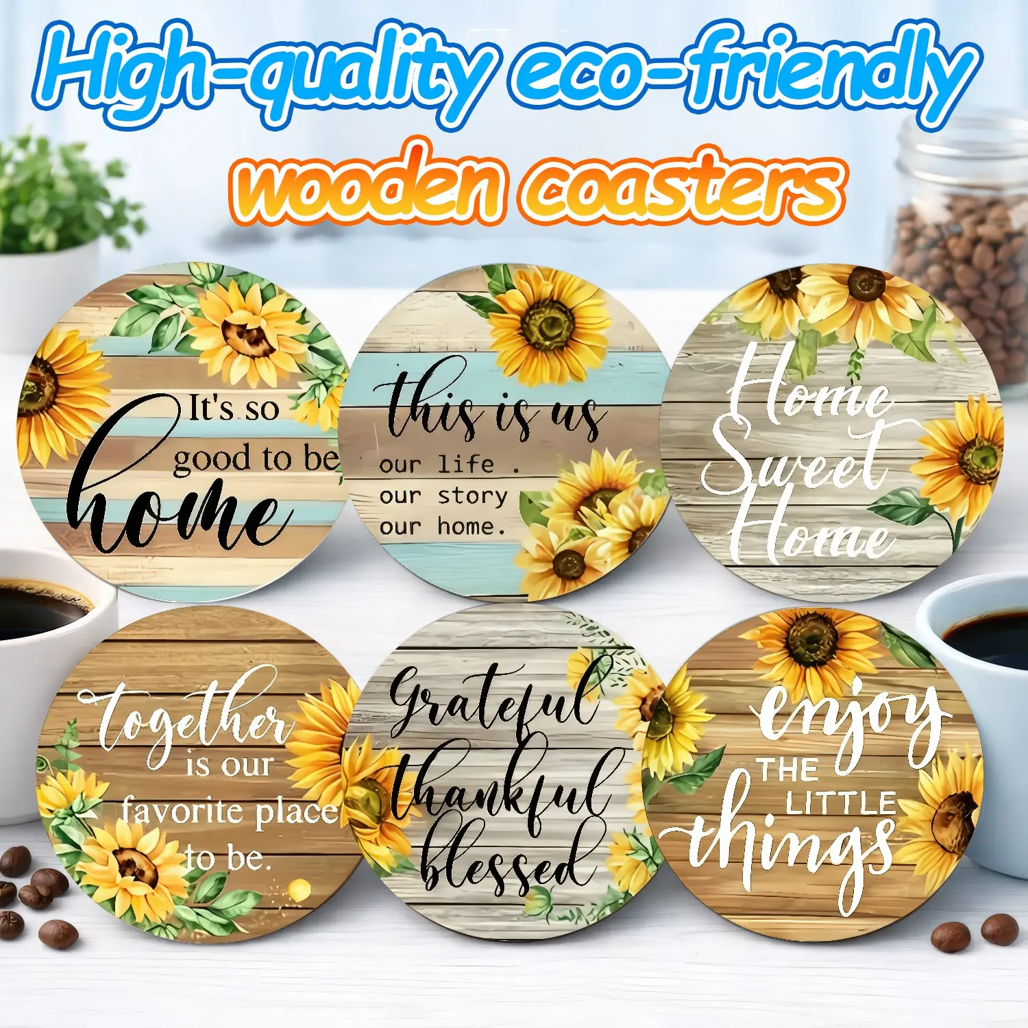 6PCS Sunflower Wooden Coasters Set – Floral Art Non-Slip Heat Resistant Round Drink Coasters for Kitchen Coffee Table – Whimsical Summer Aesthetic Home Decor – Best Housewarming Gift for Her Mom Grandma