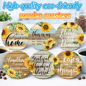 6PCS Sunflower Wooden Coasters Set – Floral Art Non-Slip Heat Resistant Round Drink Coasters for Kitchen Coffee Table – Whimsical Summer Aesthetic Home Decor – Best Housewarming Gift for Her Mom Grandma
