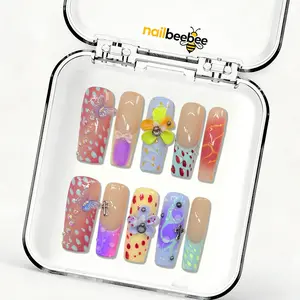 Candyland Whimsy Pastel Mid-Square Press-On Nails, Handmade French Tip Nails, Reusable Acrylic Nails with 3D Flower & Rhinestone