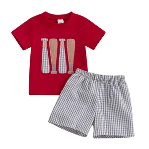 Toddler Baby Boy Summer Baseball Outfit Print T-shirt Tops and Plaid Shorts 2Pcs Casual Clothes Set
