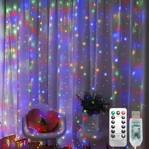 300 LED Curtain String Lights with 8 Modes Remote USB Plug Multicolored Fairy Lights for Christmas Bedroom Indoor Outdoor Weddings Party Camping Decor IP44 Waterproof Bendable Silver Wire