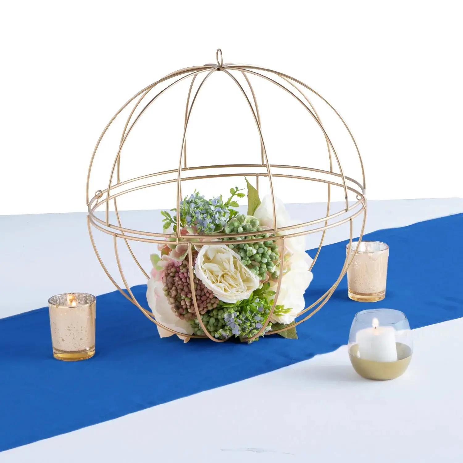 36 Pcs. Navy & Gold Geometric Centerpiece Kit for 6 Tables - Anniversary Use, Includes 12 Glass Gold Mercury Votive Candle Holders, 2 1/2" x 2" Diameter Cotton Candle Elements (13" x 6 ft.)