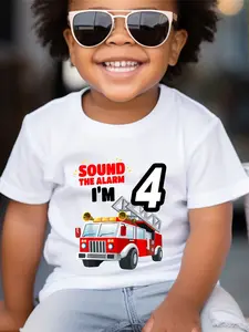 */100% Cotton Round Neck Boys T-Shirt Sound The Alarm I'm 4 Letter Print Red Fire Truck Fun Pattern Print Soft Comfortable Casual Stylish Suitable For Spring Summer Daily