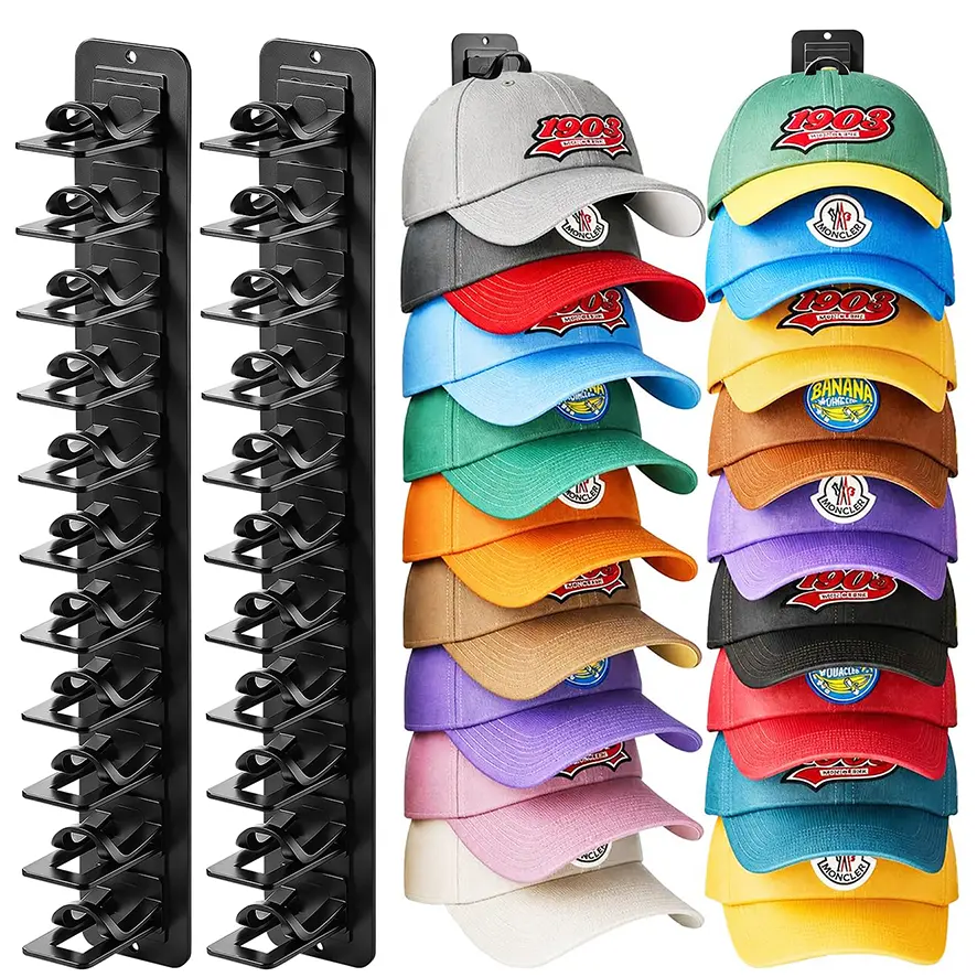 2 Pack Hat Rack on Wall Hat Organizer for Baseball Caps Holds up to 22 Hats with Strong Adhesive and Nail Space-Saving Wall-Mounted Hat Storage Organizer for Closet Door and Bedroom Hat Hangers for Wall Multilayer Display Hat Holder for Men Cap Organizer