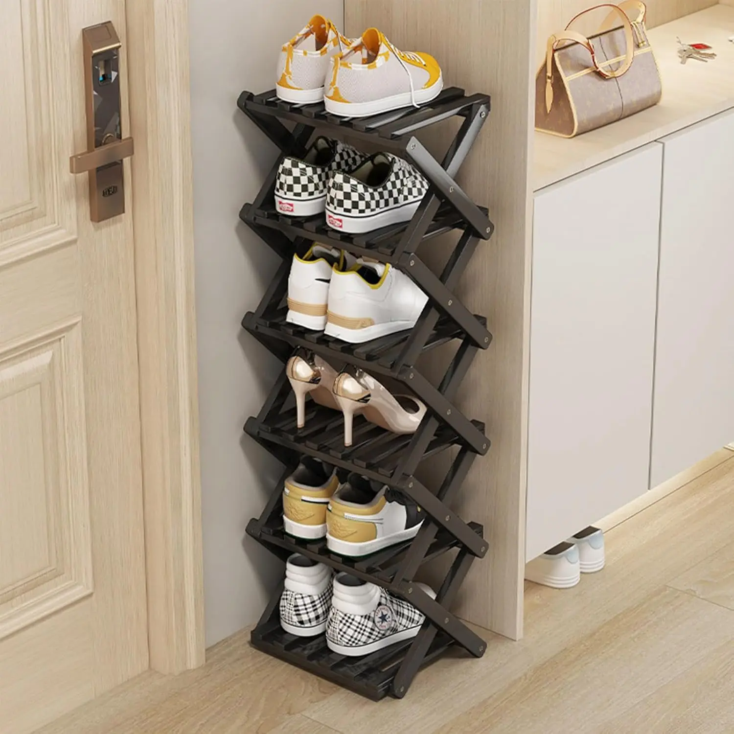 Vertical Narrow Shoe Rack Black, 6 Tier Portable Folding Shoe Storage Rack, Without Installation Free Standing Shoe Rack for Corridors, Bedrooms Living Room Corner and Small Spaces