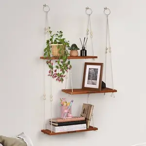 Hanging Shelf Hanging Shelves for Wall 3 Tier Boho Shelves with Handmade Ropes and Beads for Rustic Vintage Wall Decor Bedroom, Living Room, Bathroom, Nursery