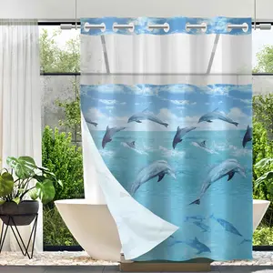 Double Layer Shower Curtain, Ocean Theme, Waterproof, No Hooks, Easy Installation, Rustic Style, Hotel, Dorm, Home Decor