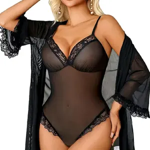 Sheer Mesh Lingerie Set  Lace Womenswear Bodysuit Breathable Fit