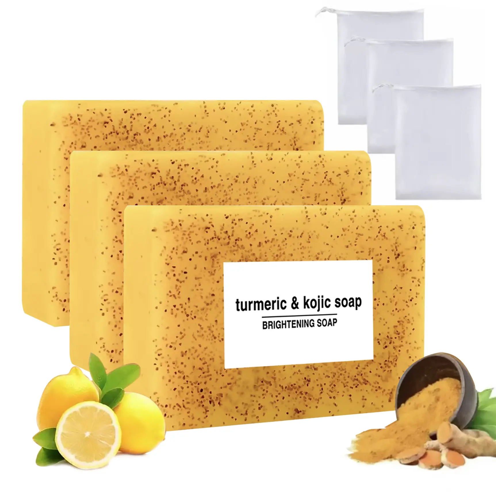 3PCS Lemon Turmeric KojicAcid Soap, Turmeric & KojicAcid Brightening Soap, DarkSpot Remove, Soap Body CareBody Wash Lemon Flawless Organicr, KojicAcid