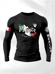 Men's Fitness Long Sleeve Round Neck T-Shirt, Mexican Map Eagle Snake Print, Sporty Fitted Design, All Seasons Wear, Casual, Athletic Sports Clothing