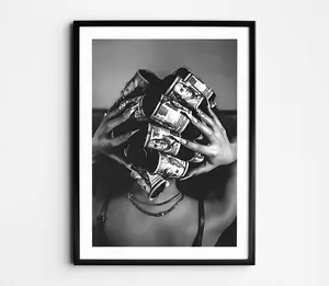 Black Woman with Money on Head Wall Art Black and White Feminist Poster Luxury Fashion Wall Art Trendy Rich Woman Retro Girl Room Decor