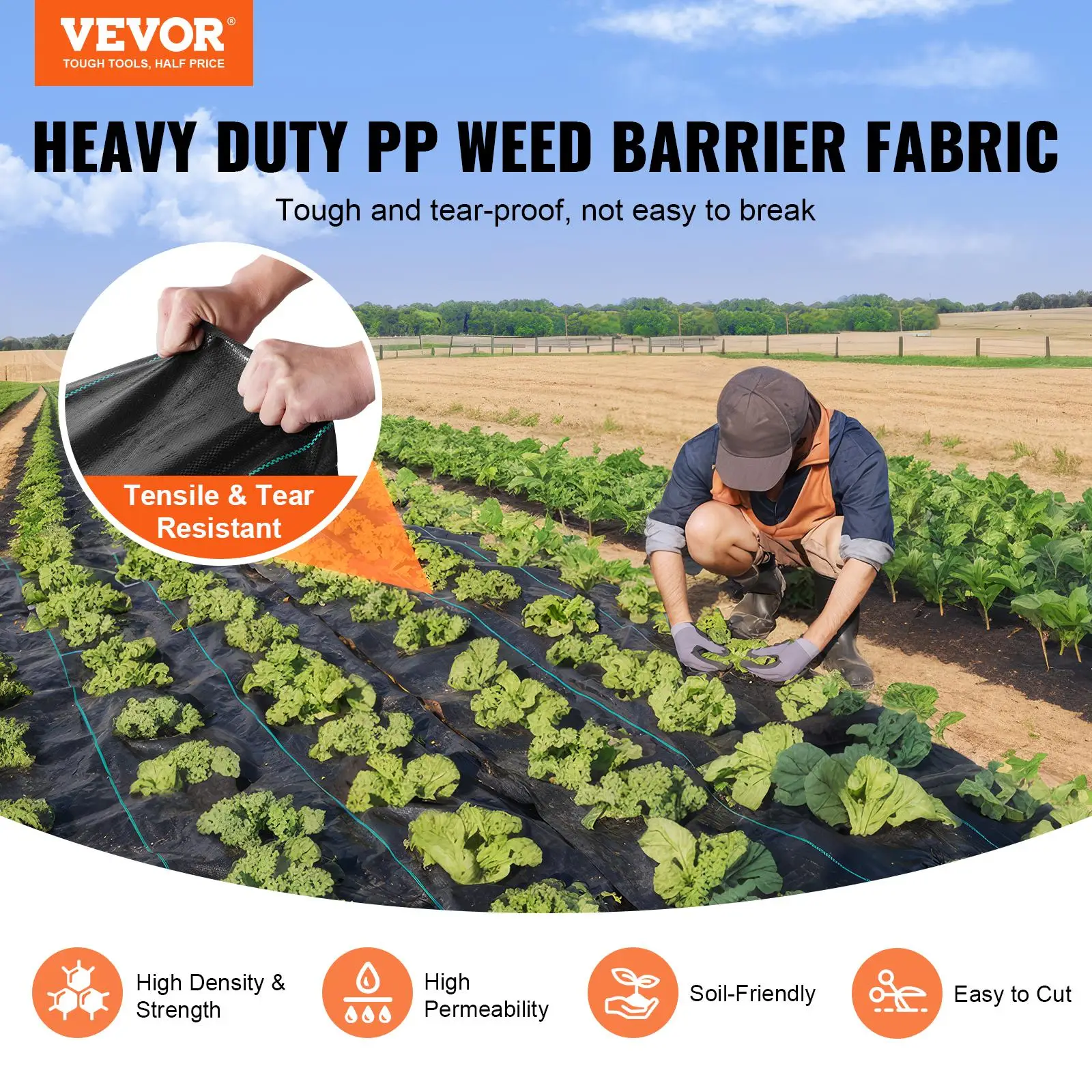 VEVOR Premium Heavy Duty Weed Barrier Landscape Fabric, Various specifications, Max 5.8 OZ Woven Geotextile Fabric Under Gravel, High Permeability for