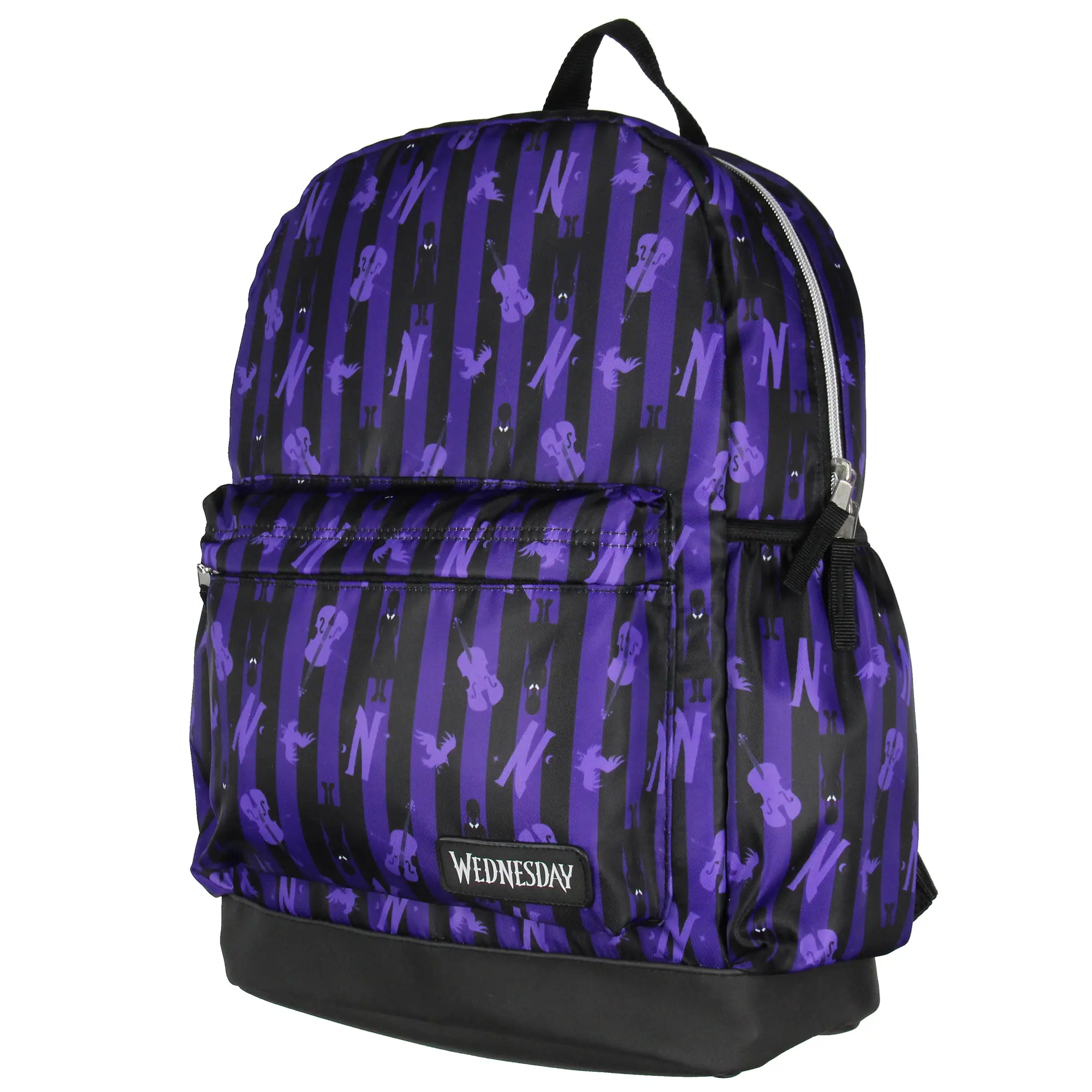 Wednesday Addams Nevermore Dress And Cello Print School Travel Backpack With Faux Leather Bottom 16"