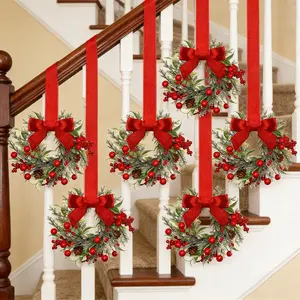 Christmas Mini Cabinet Wreaths Set of 6, Kitchen Decor with Ribbon Bow, Berry Small Window Wreath, Farmhouse Christmas Party Decoration