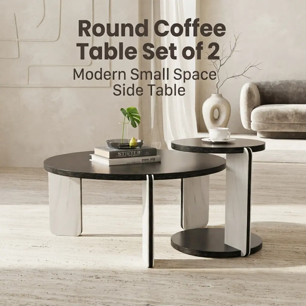 MDF Wood Round Coffee Table Set (2-Piece), Modern Small Space Side Tables with Sturdy Stone Legs, Easy-Clean Waterproof Top, Simple Setup for Living Room/Bedroom, Black Oak & White Style