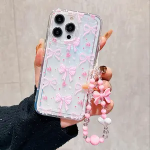 Transparent Air-Cushion Case with Sweet Bow Pattern and Bow Strap, Shockproof Anti-Drop Protective Phone Cover for iPhone 11–16 Series, Accessories