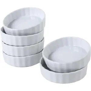 Set of 6 6 Oz Wave Round White Ceramic Creme Brulee Ramekins Baking Dishes Oven Dishwasher Safe for Dessert Souffle Pie Tart Appetizers