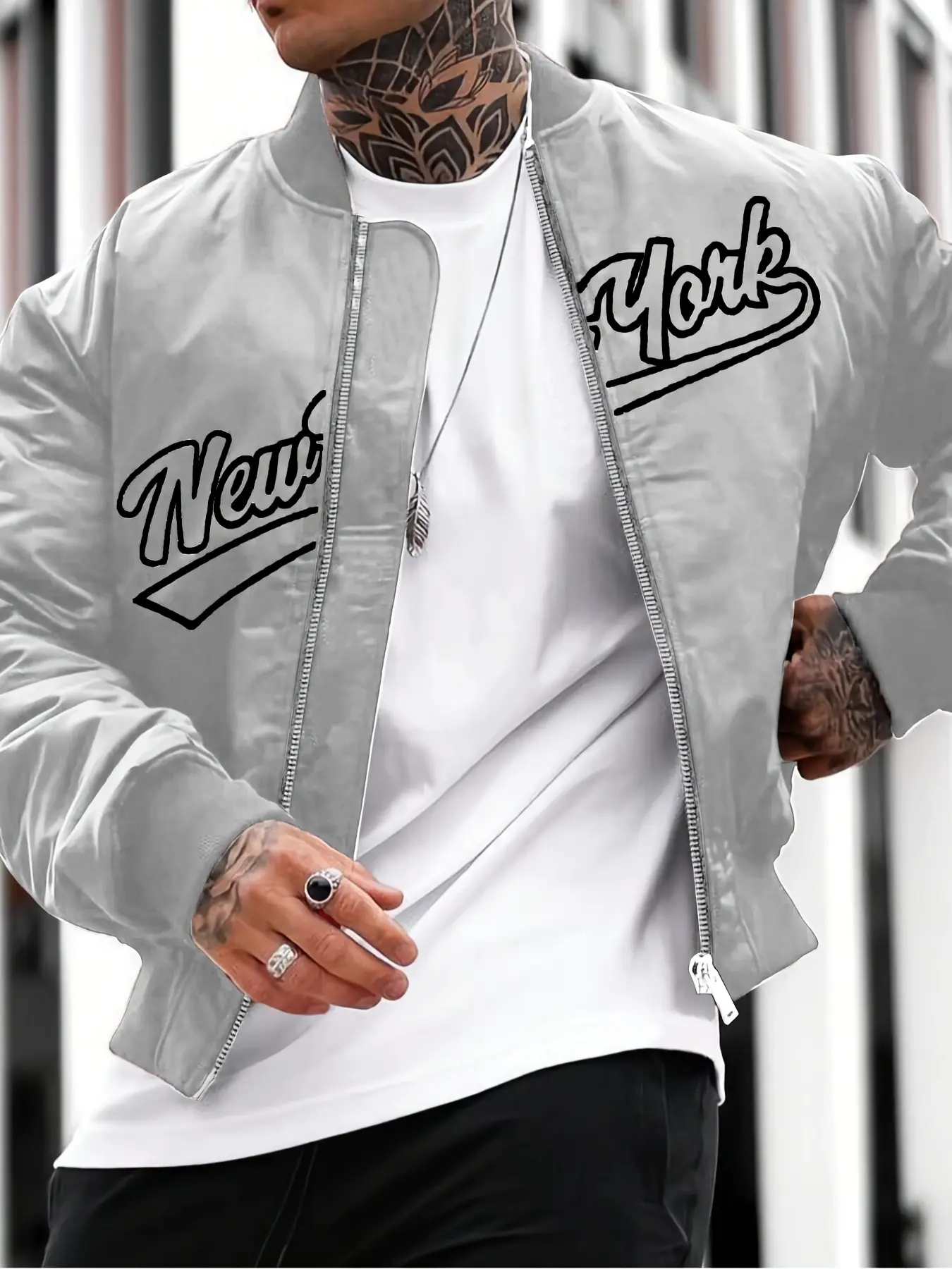 Men’s American vintage collegiate-style zip-up aviator jacket for spring and autumn, featuring a “New York” letter print design; a trendy, versatile baseball jacket for everyday commuting.