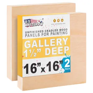 Unfinished Cradled Wood Panels for Painting, 2 Pack of 16x16 inch - Gallery Birch Wooden Canvas Boards 1-1/2" Deep - Mixed-Media Craft, Acrylic, Oil, Encaustic, Paint Pouring