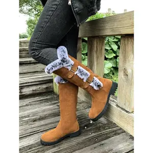 Women's Fuzzy Winter Warm Boots, Solid Color Wedge Heel Thick Sole, Anti-Slip Mid-Calf Snow Boots, Christmas Style