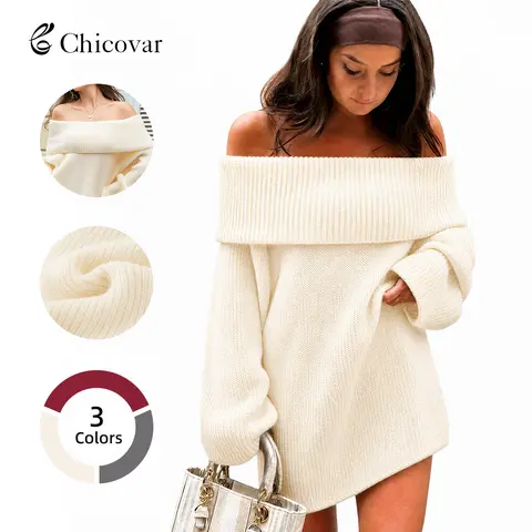 Chicovar Women's Off Shoulder Oversized Sweater, Slouchy Long Sleeve Chunky Knit Pullover with Foldover Collar, Cozy Loose Fit Fall Winter Sweater for Casual, Date Night, Holiday, Sohochic