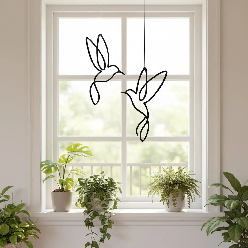 Elegant Metal Wire Hummingbird Hanging Decor, Iron Bird Sculpture for Room, Living Room, Balcony, Includes Hanging Rope